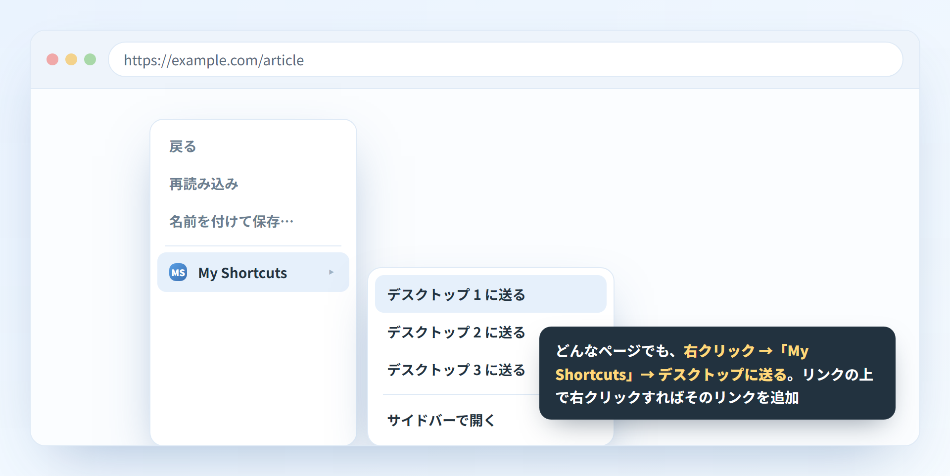 ブラウザの右クリックメニューから My Shortcuts のデスクトップに送る